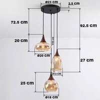 Pendellampa Loua med tre lampor - amberfärgat glas och träutseende