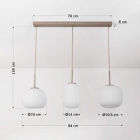 Pendellampa Meliora med tre lampor - beige med räfflat mjölkvitt glas