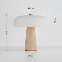 Bordslampa Marlo med vit glaskupa och travertin (natursten)