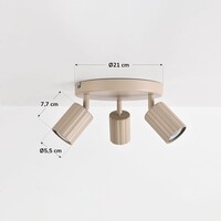 Taklampa Bruna med tre vridbra lampor, räfflade spotlights i beige