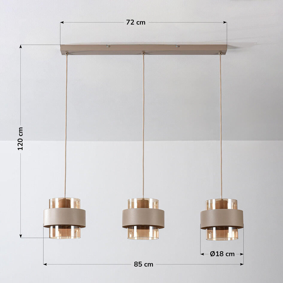 Taklampa Klari beige med bärnstensfärgat glas, 3-ljus