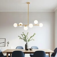 Designad taklampa Aster med sex lampor - guld och mjölkvitt glas