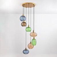 Pendellampa Altair med sju lampor - räfflat glas i olika färger