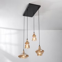 Retro pendellampa Maracas med fyra lampor - svart och amberfärgat glas