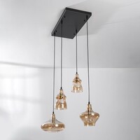 Retro pendellampa Maracas med fyra lampor - svart och amberfärgat glas