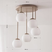 Modern taklampa Carato i beige med fem mjölkvita glaskulor