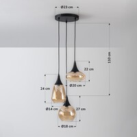 Pendellampa Loua med tre lampor - svart med amberfärgat glas