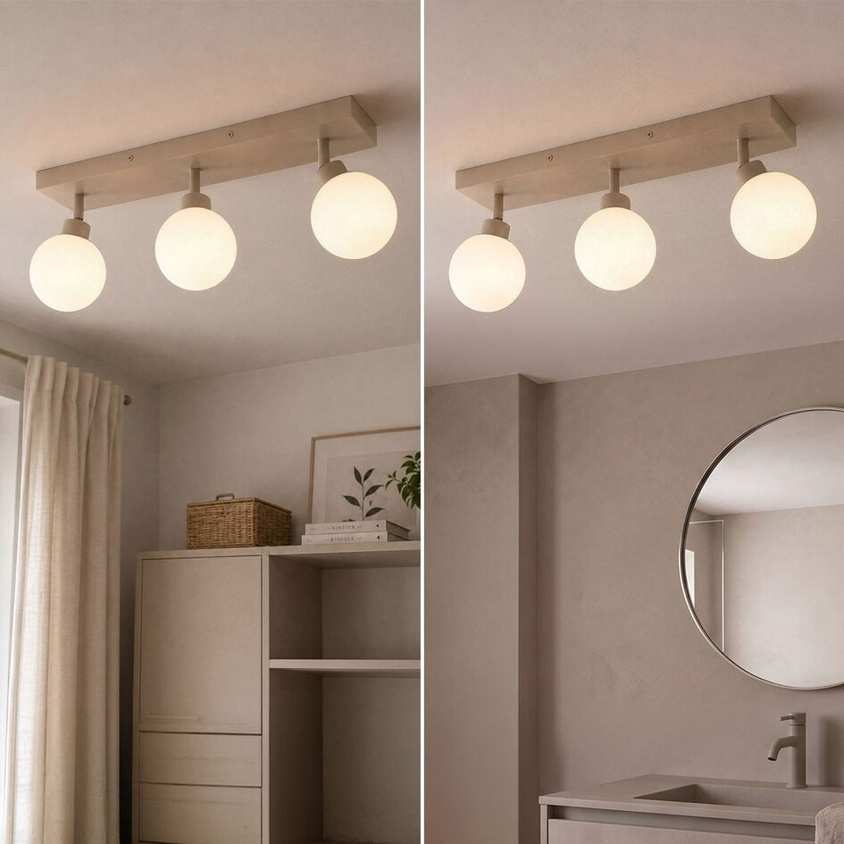 Taklampa Vano med 3 vridbara ljuspunkter i sandbeige med mjölkvitt glas