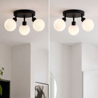 Taklampa Zano med 3 vridbara ljuspunkter i svart med mjölkvitt glas