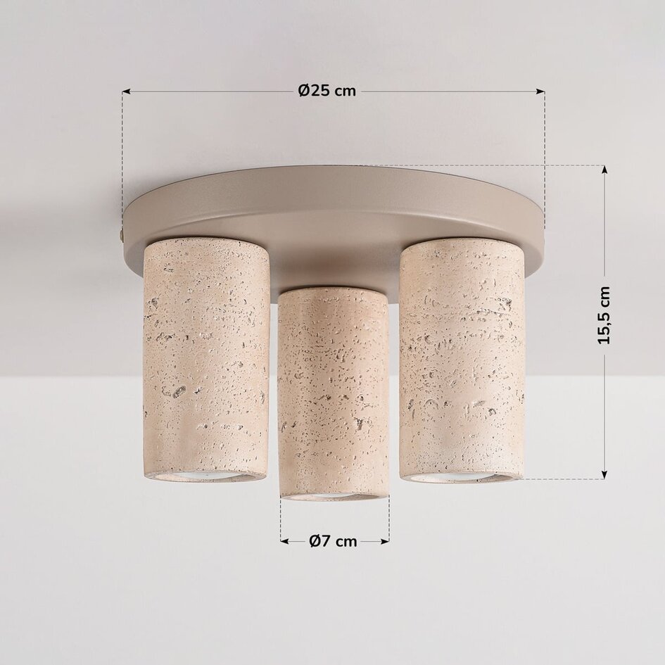 Taklampa Cova med tre spotlights i travertinlook - sandbeige