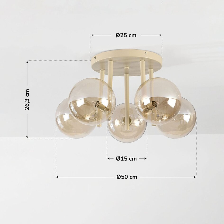 Taklampa Amora med 5 cognacsfärgade glaskupor - beige