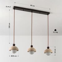 Pendellampa Vara med tre lampor - travertin (natursten), trä och mjölkvitt glas