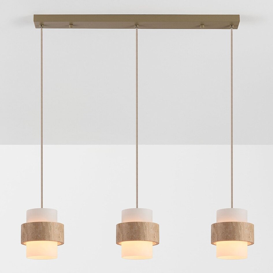 Hanglamp Flari van travertin (natuursteen) met melkwit glas, 3-lichts in beige
