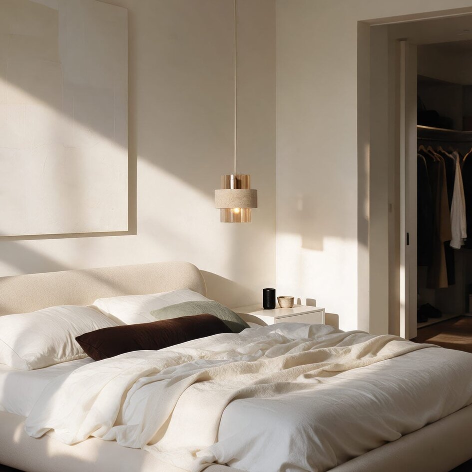 Pendellampa Yuki med travertin och bärnstensfärgat glas - beige