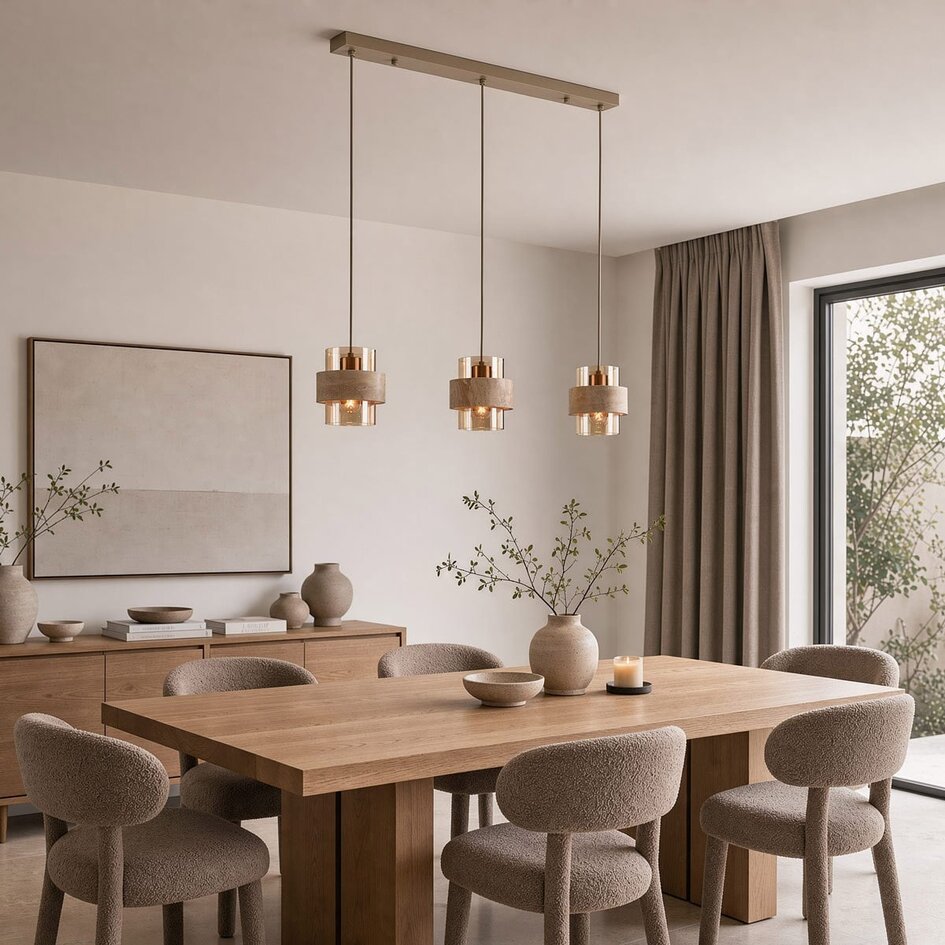 Hanglamp Flari van travertin (natuursteen) met amber glas, 3-lichts in beige