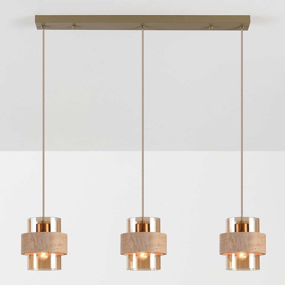 Hanglamp Flari van travertin (natuursteen) met amber glas, 3-lichts in beige