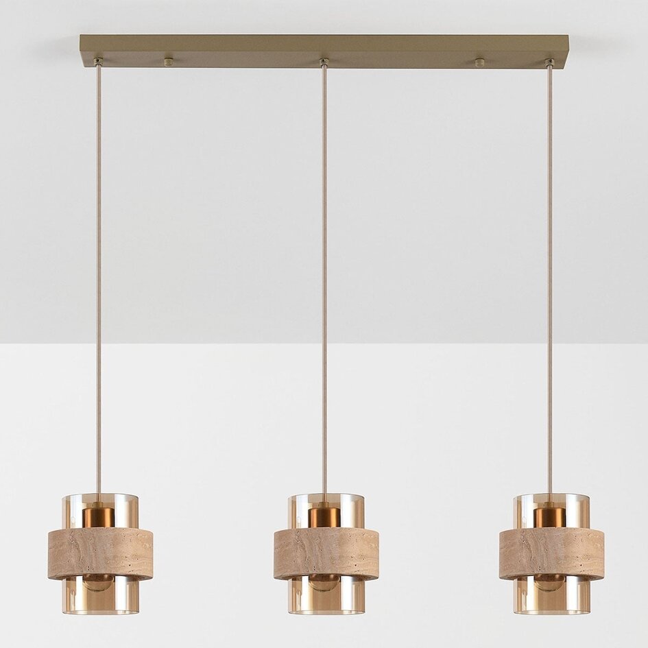 Hanglamp Flari van travertin (natuursteen) met amber glas, 3-lichts in beige