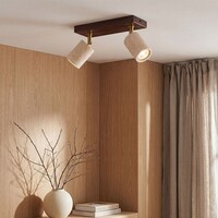 Taklampa Raxon med 2 vridbara spotlights i travertin (natursten) och träutseende