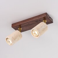 Taklampa Raxon med 2 vridbara spotlights i travertin (natursten) och träutseende
