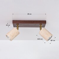 Taklampa Raxon med 2 vridbara spotlights i travertin (natursten) och träutseende