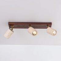 Taklampa Cerno med 3 vridbara spotlights i travertin (natursten) och träutseende