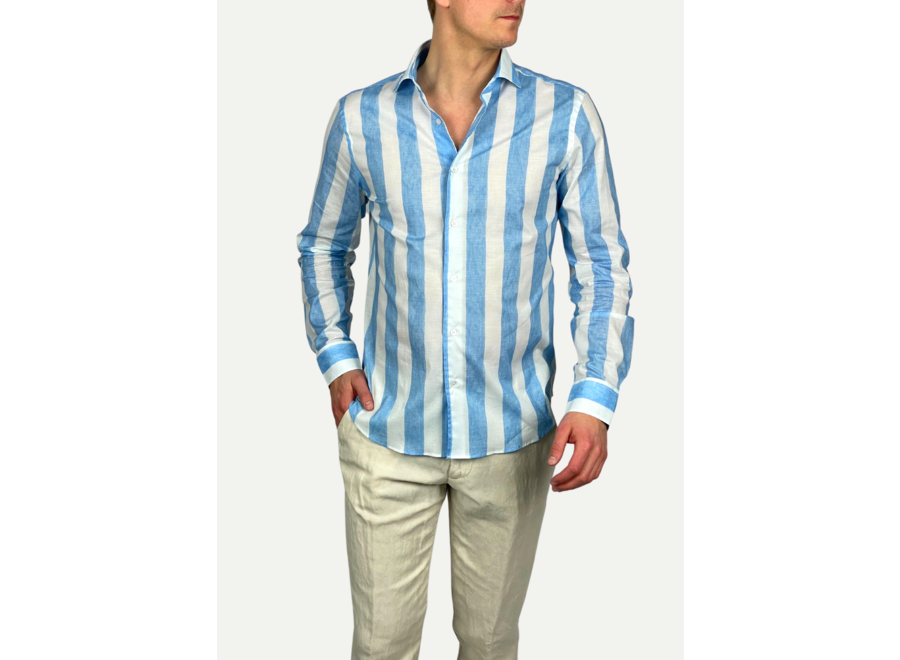 Fedeli - Shirt Sean voile cotton stretch - light blue stripes