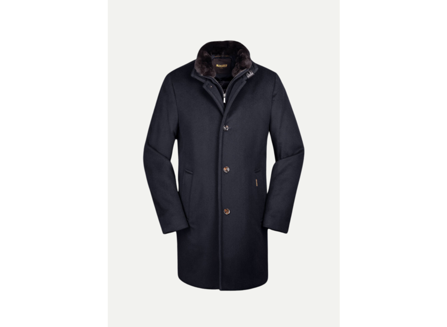 MooRER - Overcoat with removable fur - Wool/cashmere - Navy