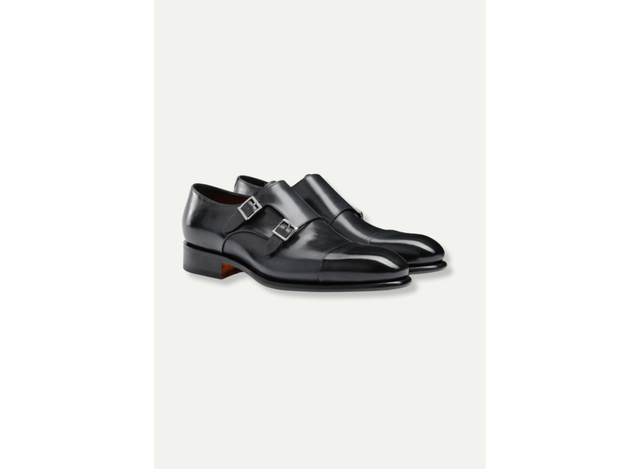 Santoni - Polished leather double-buckle shoe - Navy