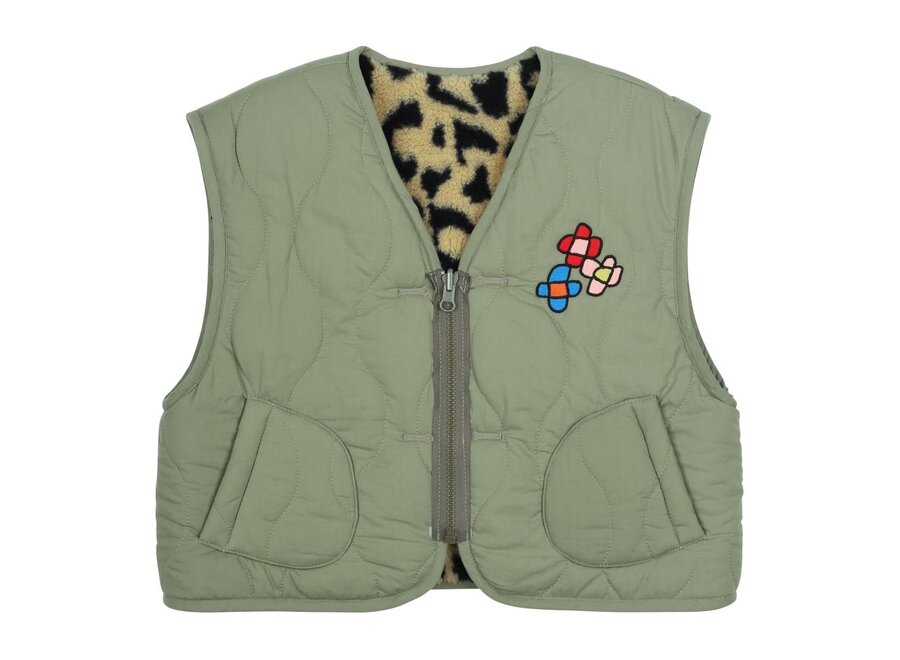 Flower Quilted Reversible Vest Khaki