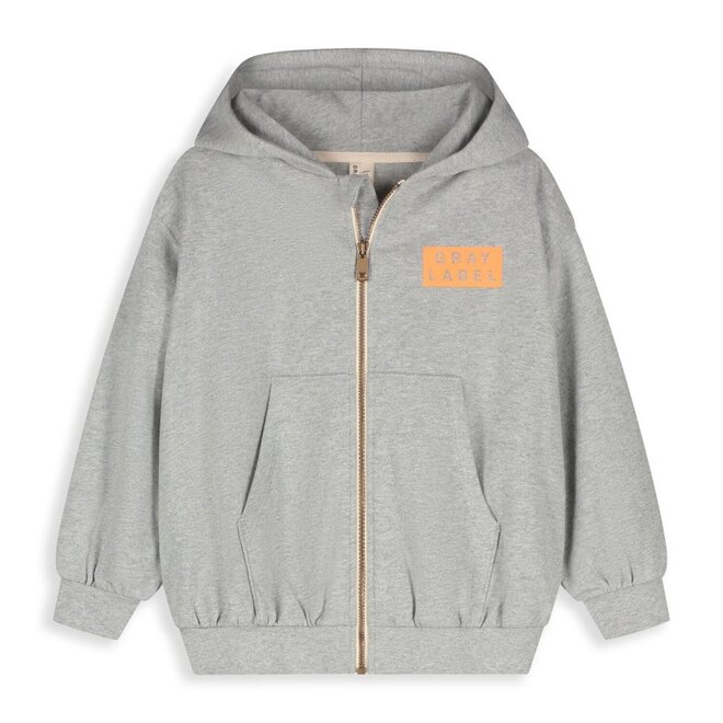 Hooded Cardigan w/ Zip GOTS 15Y Grey Melange / Bright Melon