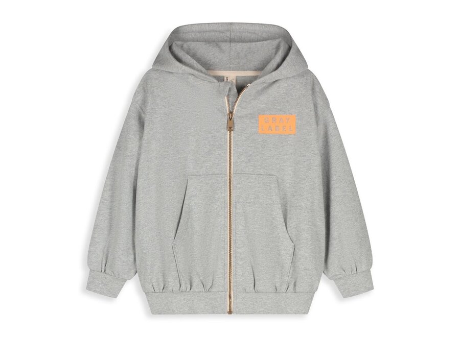 Gray Label | Hooded Cardigan w/ Zip GOTS 15Y Grey Melange / Bright Melon