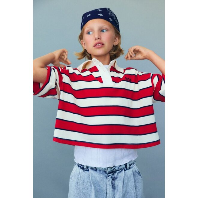 The New Society | Acacia Teen Polo Tulip Red & Midnight Stripes