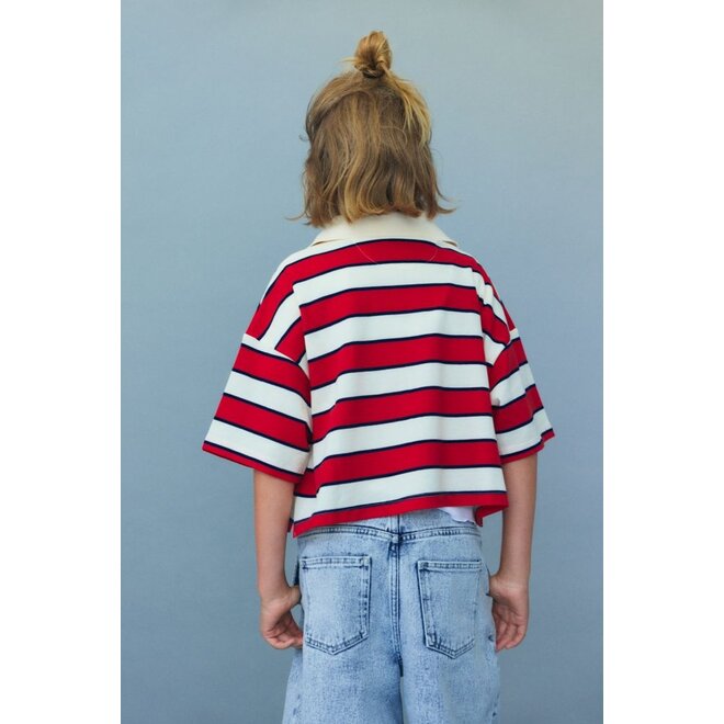 The New Society | Acacia Teen Polo Tulip Red & Midnight Stripes