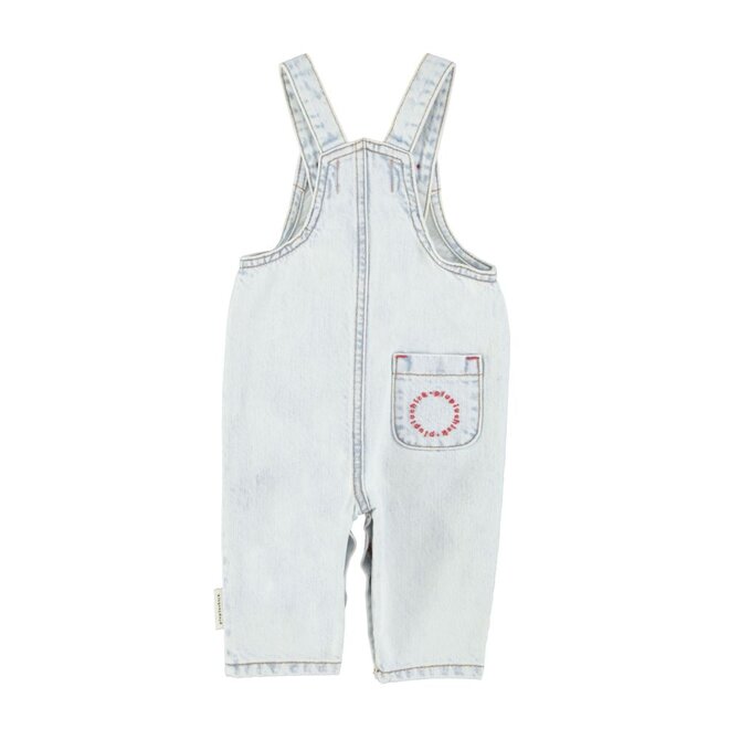 Piupiuchick | Baby Dungarees Washed Light Blue Denim With "Peace" Print