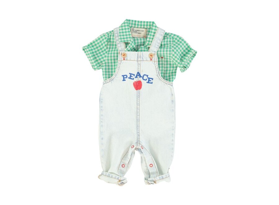 Piupiuchick | Baby Dungarees Washed Light Blue Denim With "Peace" Print