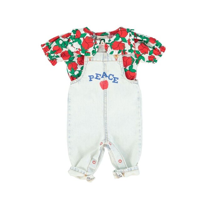 Piupiuchick | Baby Dungarees Washed Light Blue Denim With "Peace" Print
