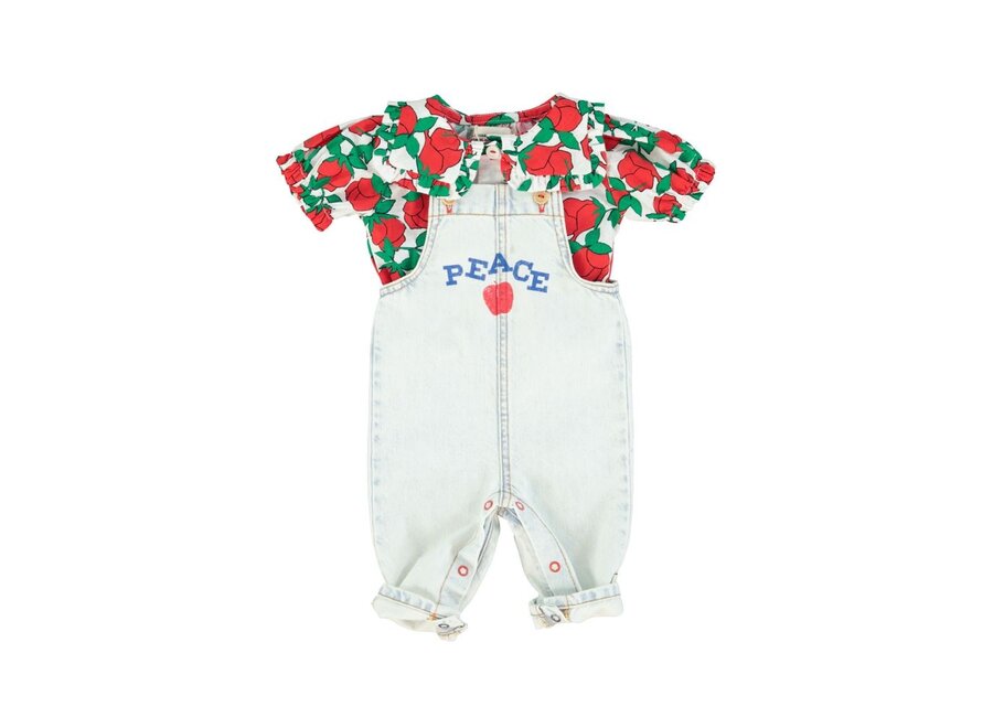 Piupiuchick | Baby Dungarees Washed Light Blue Denim With "Peace" Print