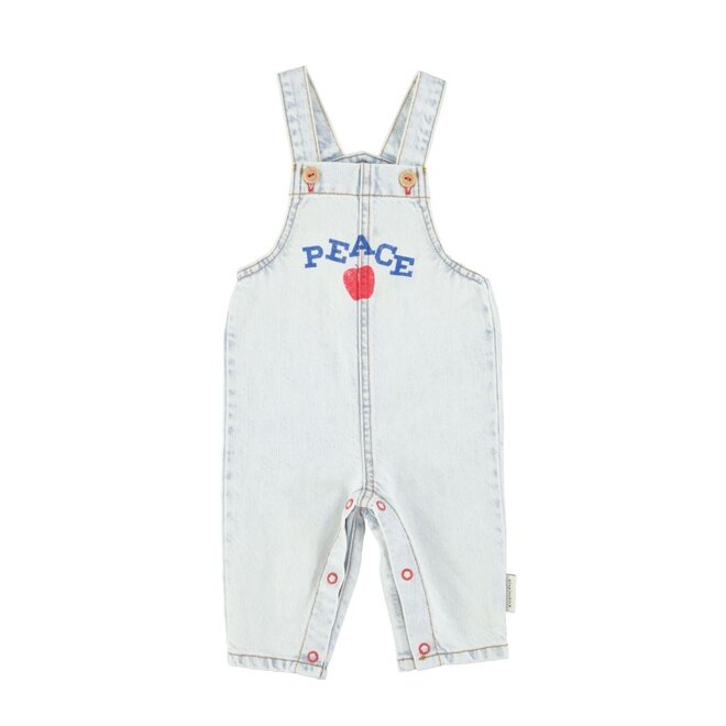 Piupiuchick | Baby Dungarees Washed Light Blue Denim With "Peace" Print