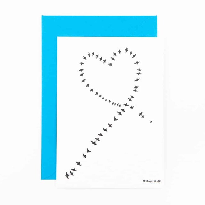 Letterpress Card ‘Birds flying in heart shape’