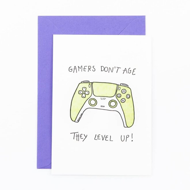 Letterpress Card 'gamers don't age, they level up'