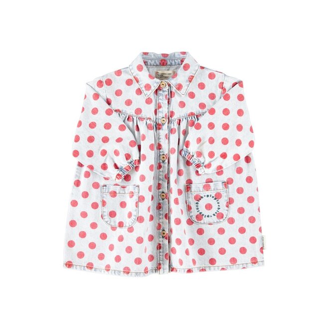 Short Dress Light Blue Denim With Red Dots