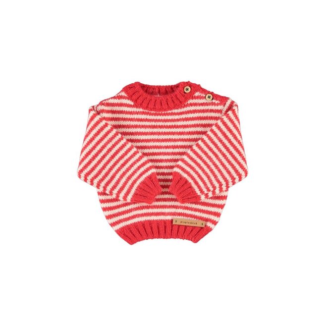 Knitted Baby Sweater Ecru & Red Stripes
