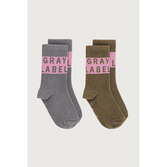 Gray Label | Logo Ribbed Socks GOTS 2-pack Woody/Bubblegum 23-26