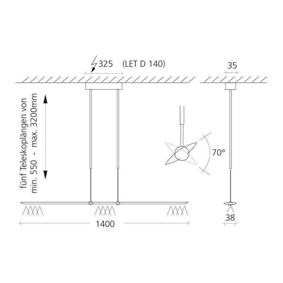 In hoogte verstelbare en dimbare hanglamp Let D 140 met geïntegreerde LED - Lengte 140 cm