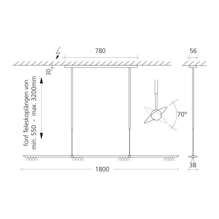 In hoogte verstelbare en dimbare hanglamp Let D 180 met geïntegreerde LED - L 180 cm