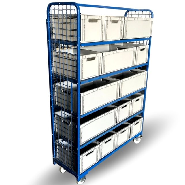 Order Picking Mesh Shelf Trolley Rollcontainer with Eurocrates Euroboxes