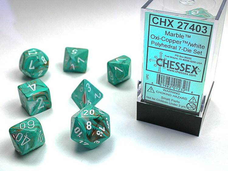 Chessex Chessex: Oxi-Copper/white - Marble Polyhedral 7-Die Set