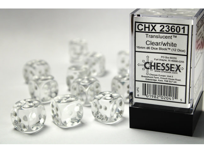 Chessex Clear/white - 12 Transulent 16mm D6 Dice Block