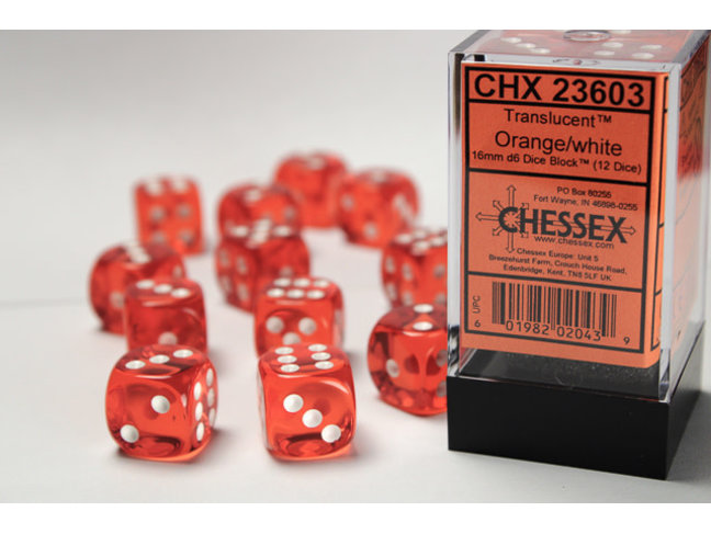 Chessex Orange/white - 12 Transulent 16mm D6 Dice Block