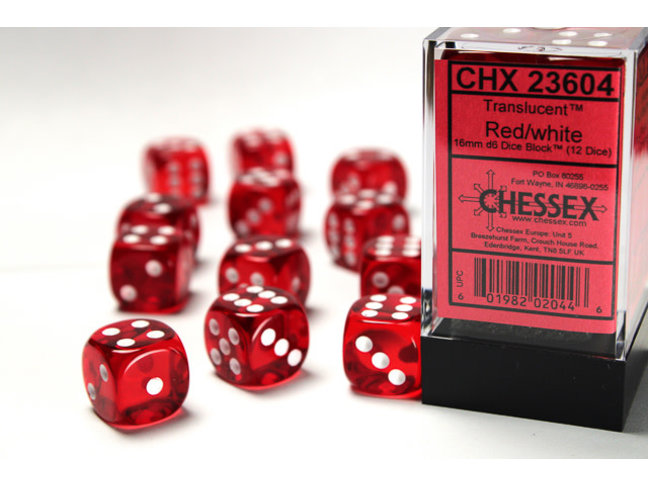 Chessex Red/white - 12 Transulent 16mm D6 Dice Block